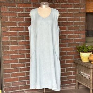 Flax aqua linen sleeveless round neck midi dress w/pockets/lagenlook. Sz M